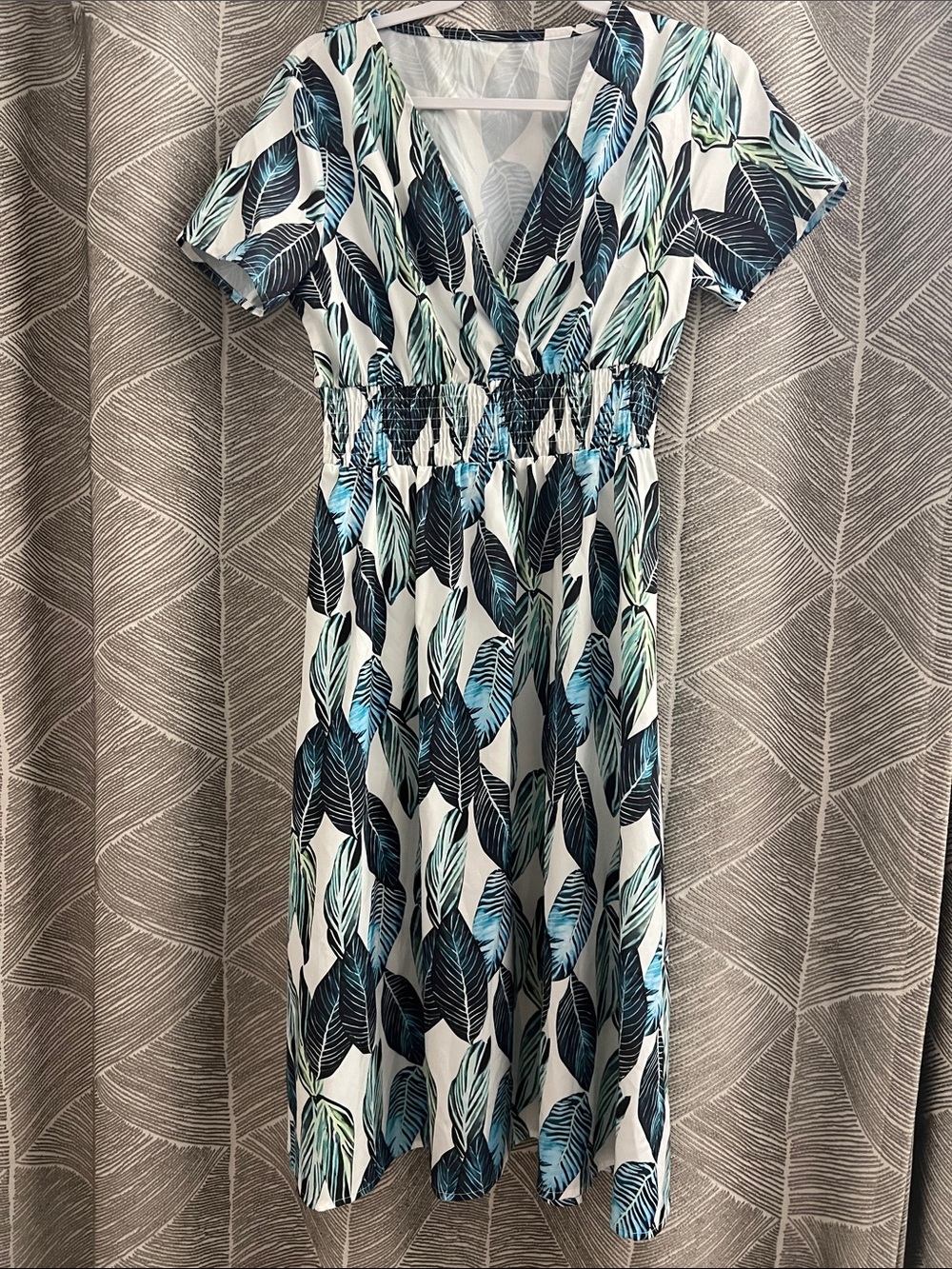 Leaf-Print V-Neck Midi Dress in Blue and Green